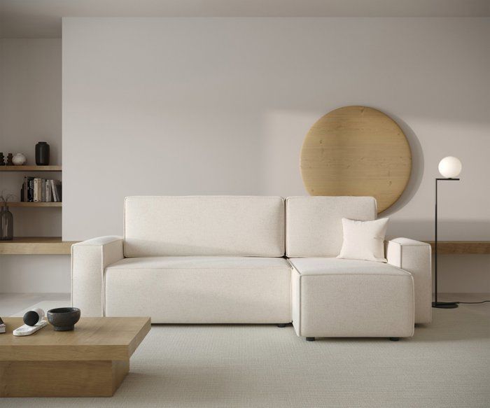 Canapé d'angle en forme de L avec fonction de couchage - COPERTINO - tissu hydrophobe - crème
