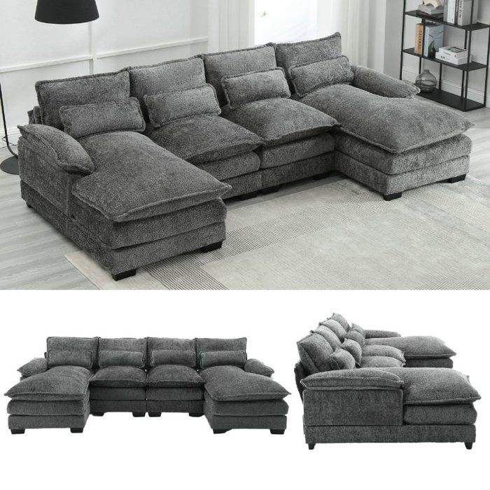 Produit similaire: Canapé d'angle en tissu  bouclé - Canapé modulable 4 places moderne en U - avec 4 coussins lombaires - design ergonomique - gris