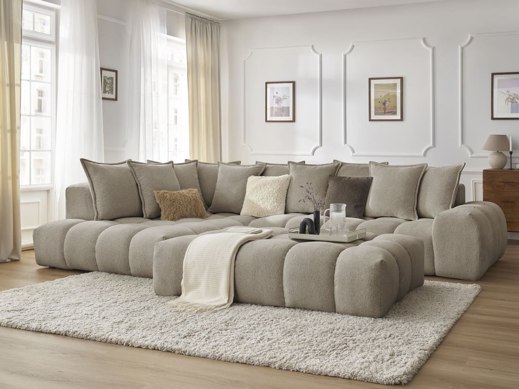 Produit similaire: Canapé d'angle fixe EVEREST tissu chiné avec pouf taupe angle gauche BOBOCHIC 5 places