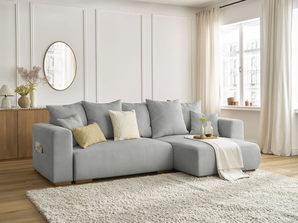 Sidonie canapé d'angle convertible réversible coffre 3 places velours côtelé gris clair