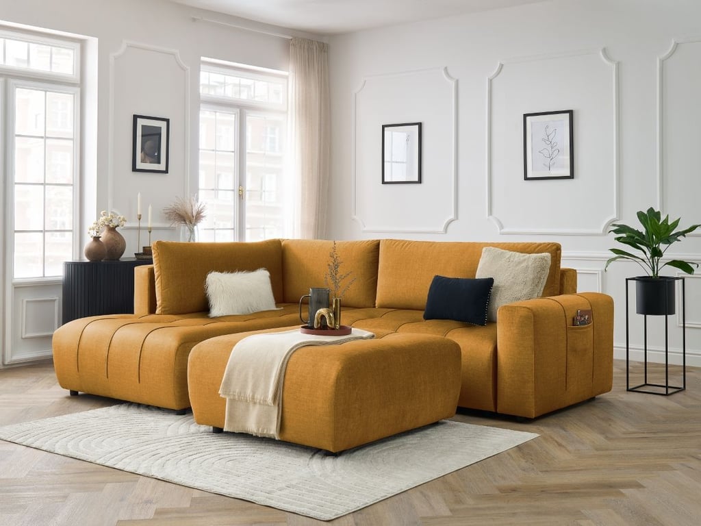 Produit similaire: Canapé d'angle L convertible coffre ARSENE tissu velours avec pouf jaune angle gauche BOBOCHIC 4 places