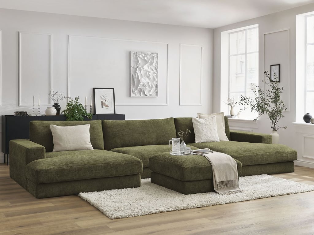 Produit similaire: Canapé panoramique fixe LEONARD tissu texturé avec pouf vert BOBOCHIC 5 places