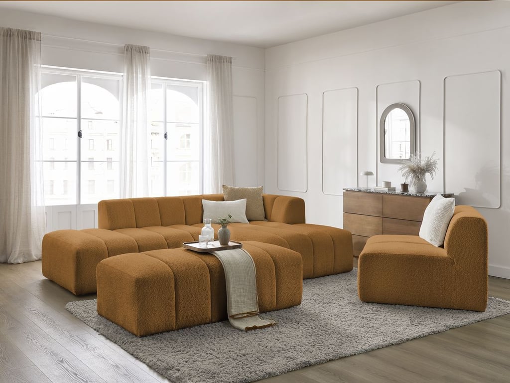 Produit similaire: Canapé d'angle fixe modulable ANNECY tissu bouclette avec 1 chauffeuse 1 place et 1 pouf jaune angle droit BOBOCHIC 5 places