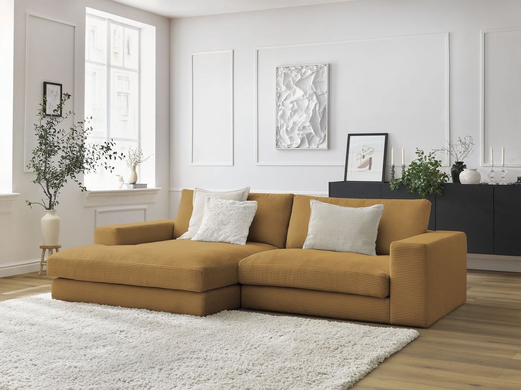 Produit similaire: Canapé d'angle fixe compact LEONARD velours côtelé jaune angle gauche BOBOCHIC 4 places