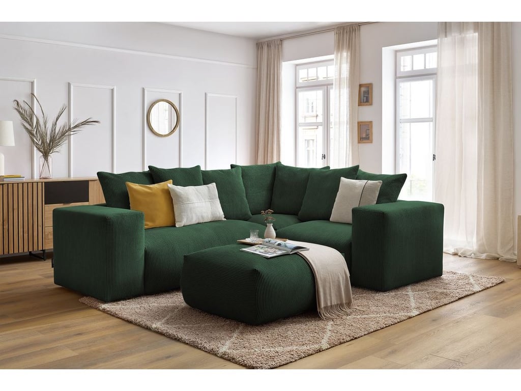 Produit similaire: Canapé d'angle fixe modulable VOLTAIRE avec 1 chauffeuse 2 places, 1 angle, 1 chauffeuse 1 place et 1 pouf vert angle droit BOBOCHIC 5 places