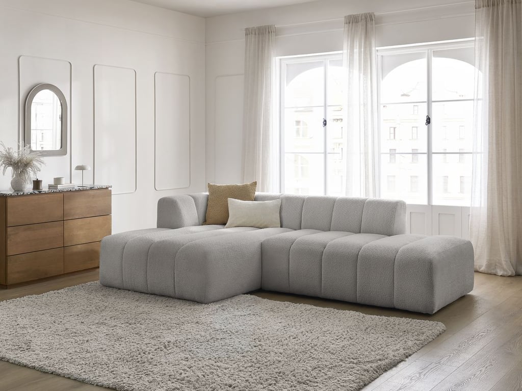 Produit similaire: Canapé d'angle fixe modulable ANNECY tissu bouclette gris clair angle gauche BOBOCHIC 3 places