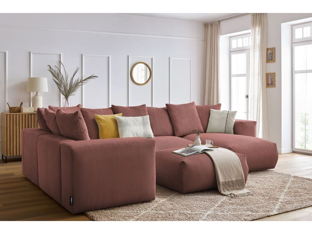 Produit similaire: Canapé panoramique fixe modulable VOLTAIRE avec 1 méridienne, 1 angle, 2 chauffeuses et 1 pouf rose angle droit BOBOCHIC 6 places