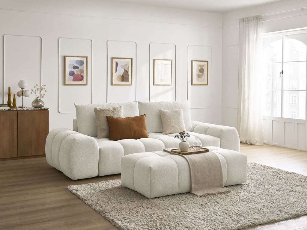 Produit similaire: Canapé droit convertible coffre EVEREST tissu chiné avec pouf blanc BOBOCHIC 3 places