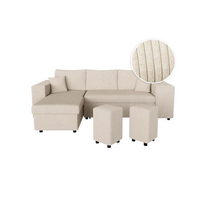Produit similaire: Canapé d'angle réversible MADY avec coffre, rangement poufs à droite en velours côtelé - Beige - L254 x P146 x H81cm - LOUNGITUDE