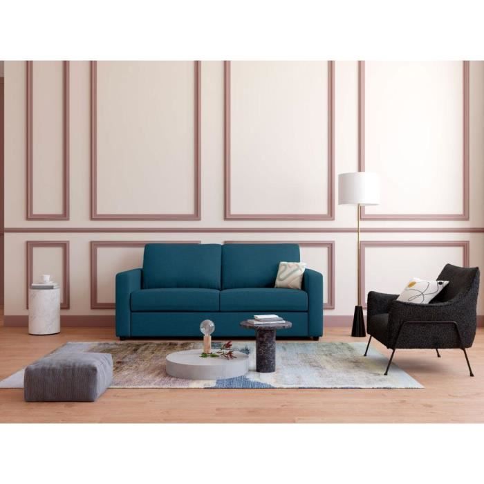 Produit similaire: Canapé 3 places convertible express en tissu bleu - Couchage 140 cm - Matelas 14 cm DONETO