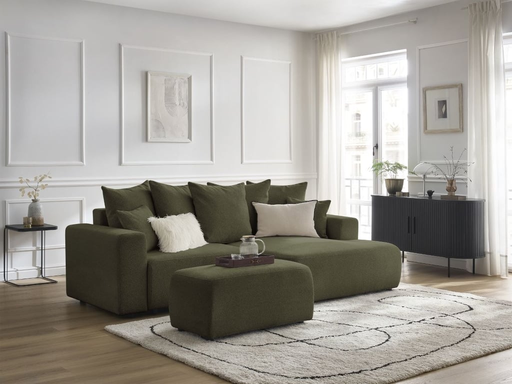 Produit similaire: Canapé d'angle convertible coffre ATILLA tissu chiné avec pouf vert angle droit BOBOCHIC 5 places