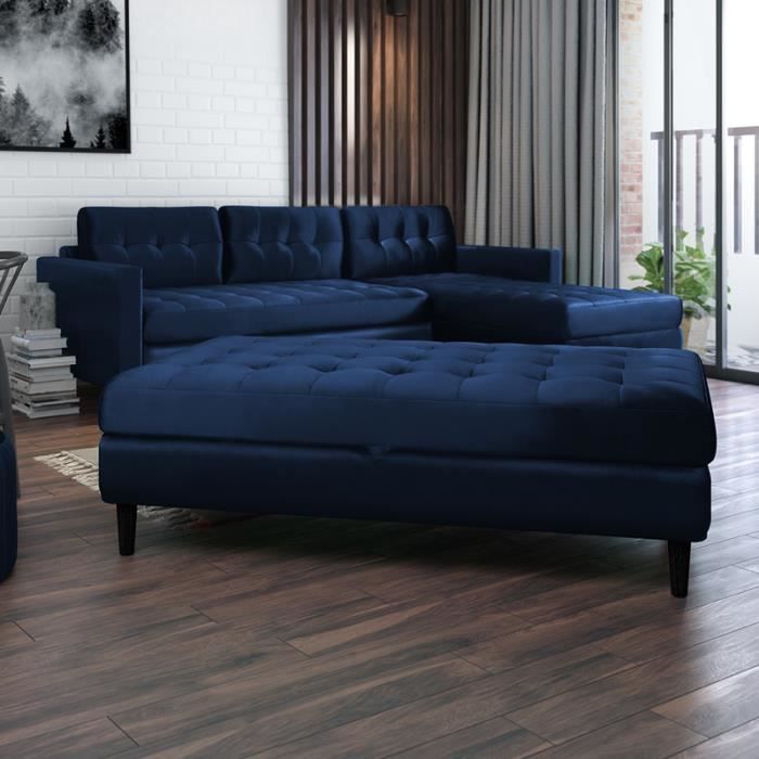 Produit similaire: Canapé d’angle avec pouf - KOPENHAGA - tissu Monolith 77 bleu marine- pieds noirs en bois - coffre de rangement intégré dans le