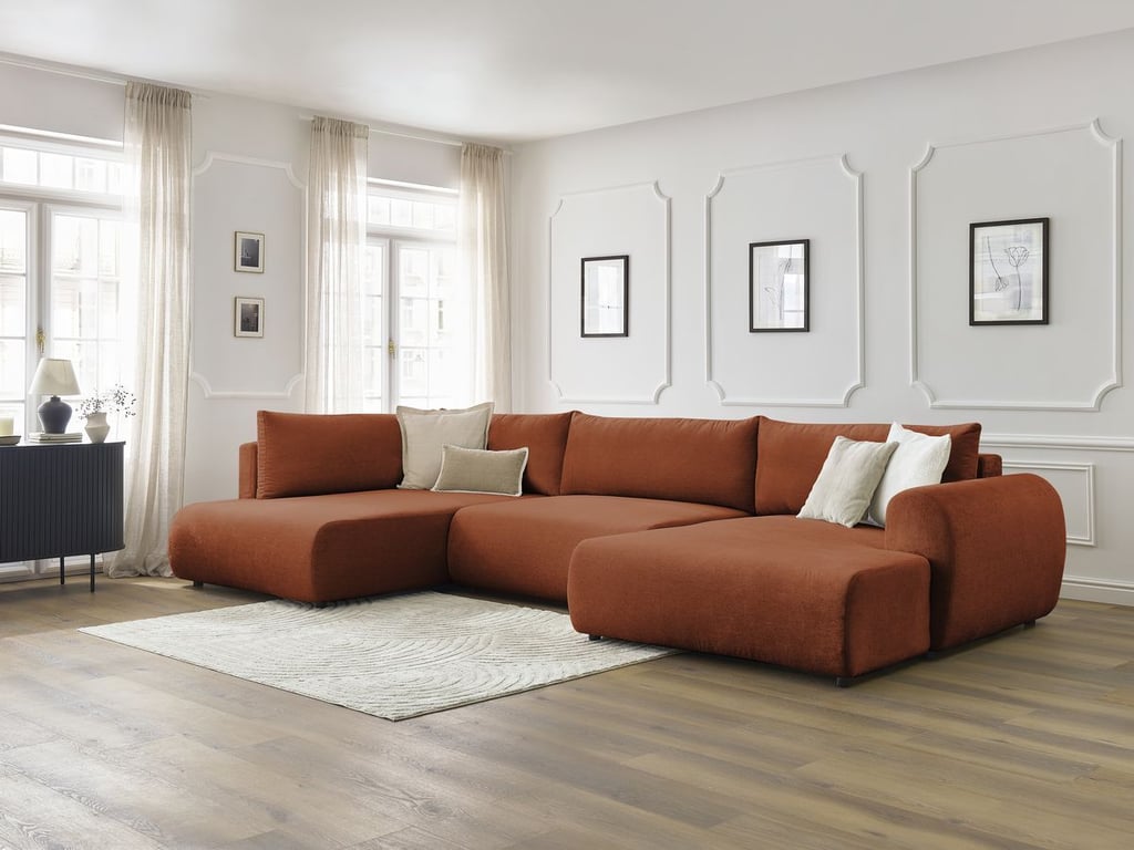 Produit similaire: Canapé panoramique convertible coffre LUCIEN tissu lisse orange angle droit BOBOCHIC 5 places