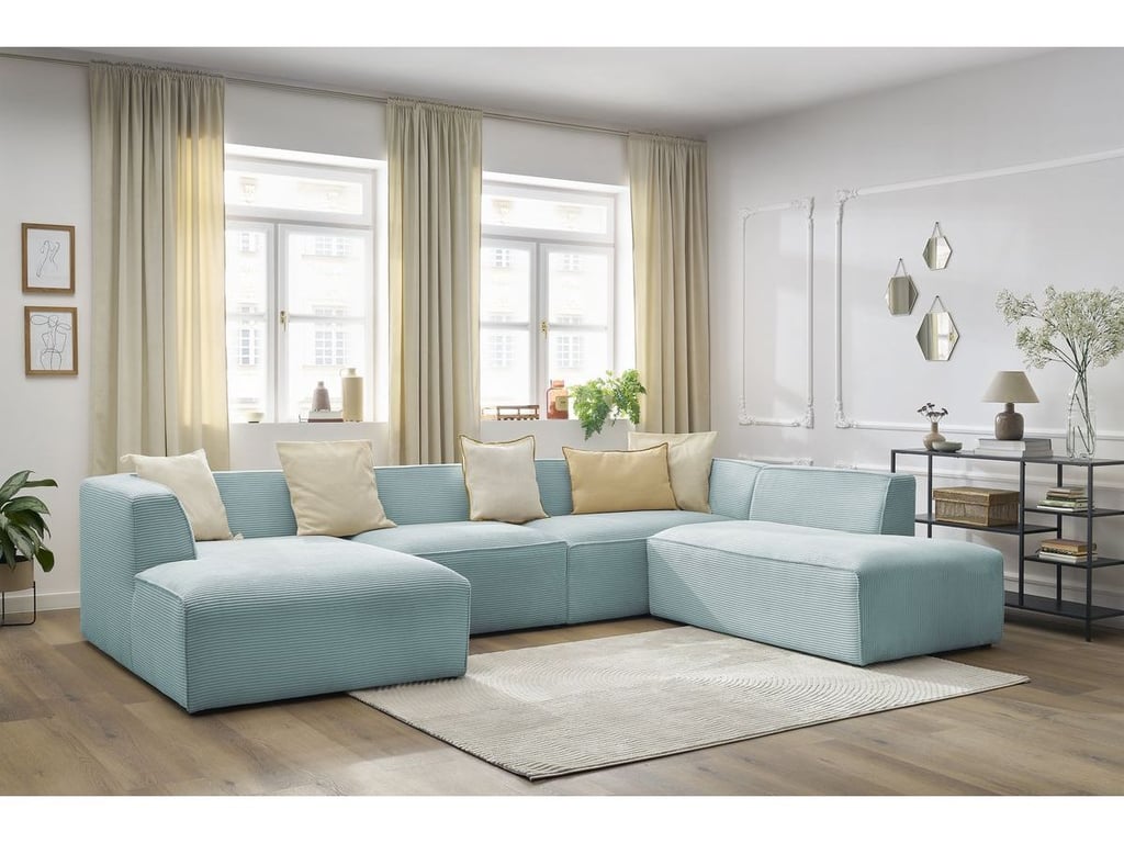 Produit similaire: Canapé panoramique fixe MEGEVE tissu velours côtelé bleu clair angle gauche BOBOCHIC 5 places