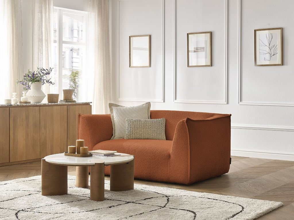 Produit similaire: Canapé droit fixe 2 places GIORGIA tissu bouclette orange BOBOCHIC