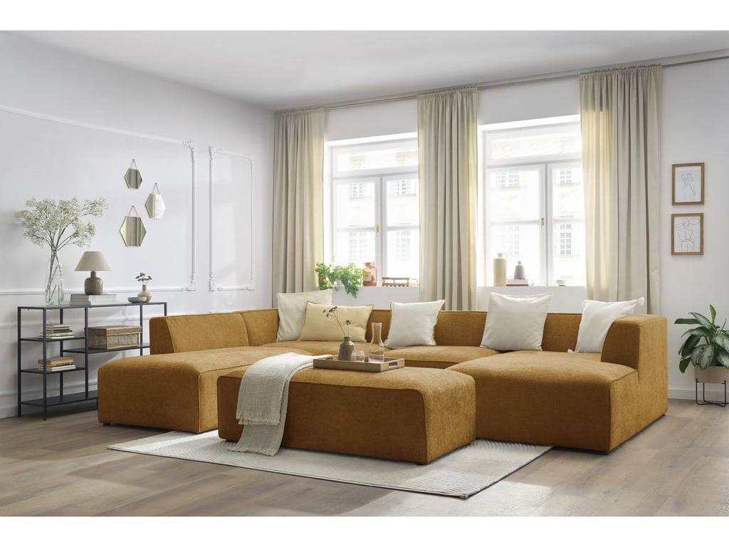 Produit similaire: Canapé panoramique fixe MEGEVE avec pouf tissu texturé jaune angle droit BOBOCHIC 6 places