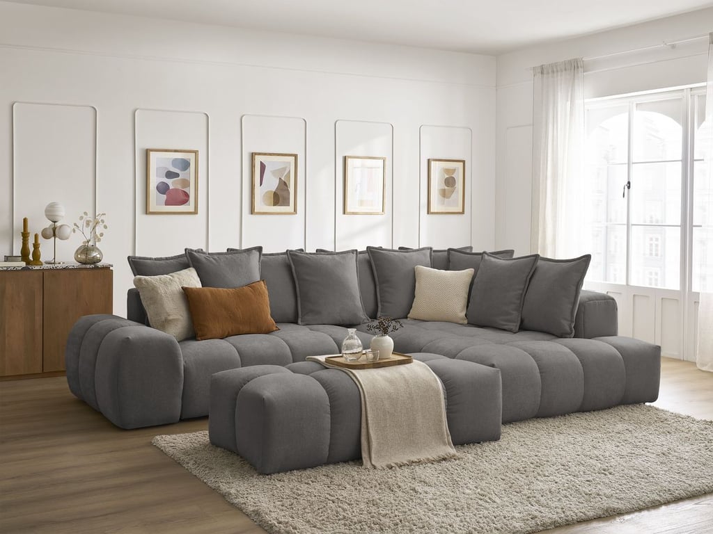 Produit similaire: Canapé d'angle L convertible coffre EVEREST tissu texturé avec pouf gris foncé angle droit BOBOCHIC 4 places