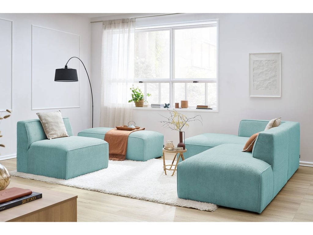 Produit similaire: Canapé d'angle fixe modulable MEGEVE tissu velours côtelé avec 1 chauffeuse et 1 pouf bleu clair angle gauche BOBOCHIC 6 places