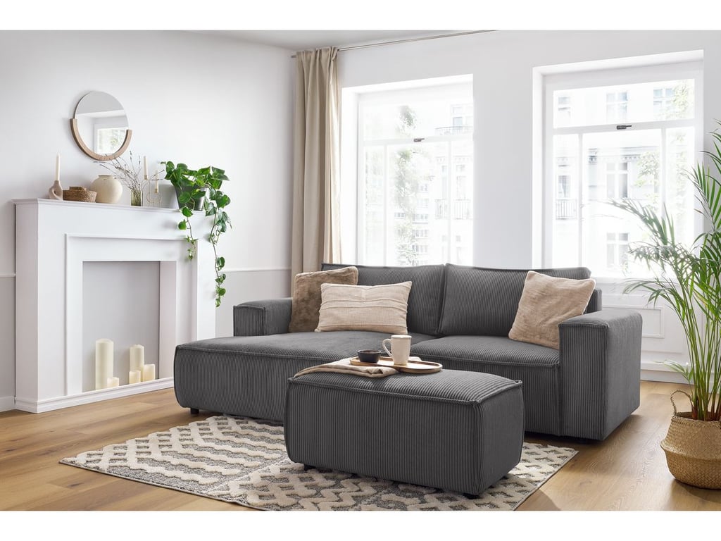 Produit similaire: Canapé d'angle fixe compact NIHAD velours côtelé avec pouf gris foncé angle gauche BOBOCHIC 3 places