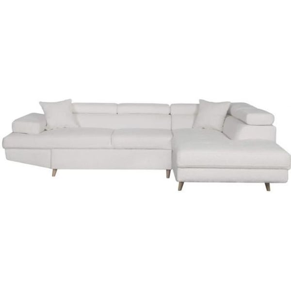 Canapé d'angle gauche convertible RIO Scandinave avec coffre en tissu bouclette- Blanc, Pied bois - L271 x P192 x H70cm - LOUNGITUDE