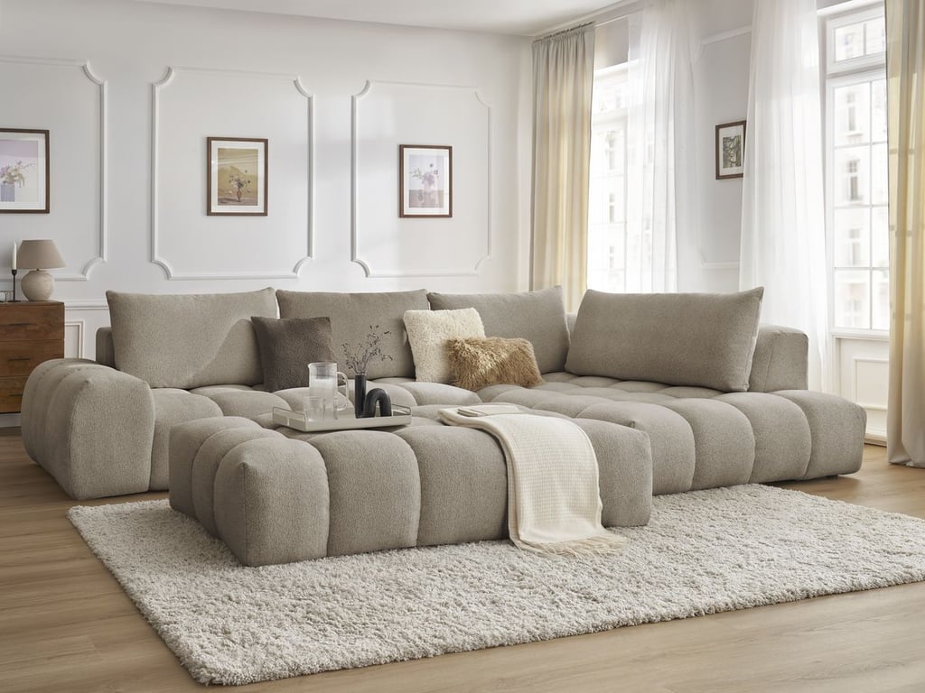 Produit similaire: Canapé d'angle fixe EVEREST tissu chiné avec pouf taupe angle droit BOBOCHIC 5 places
