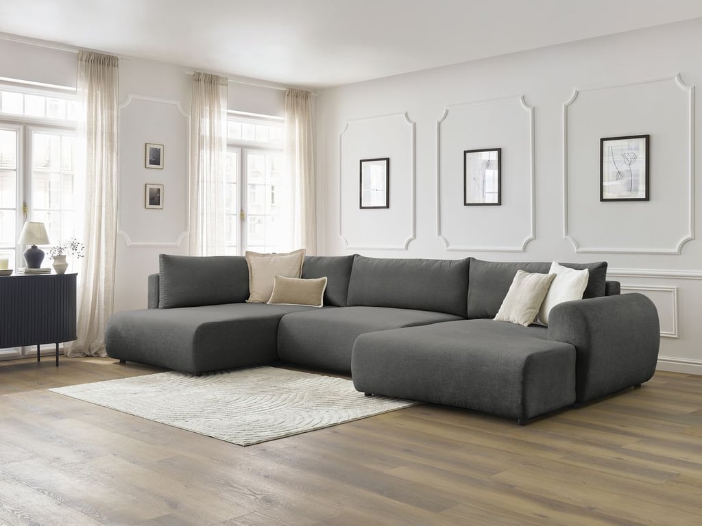 Produit similaire: Canapé panoramique convertible coffre LUCIEN tissu lisse gris foncé angle droit BOBOCHIC 5 places