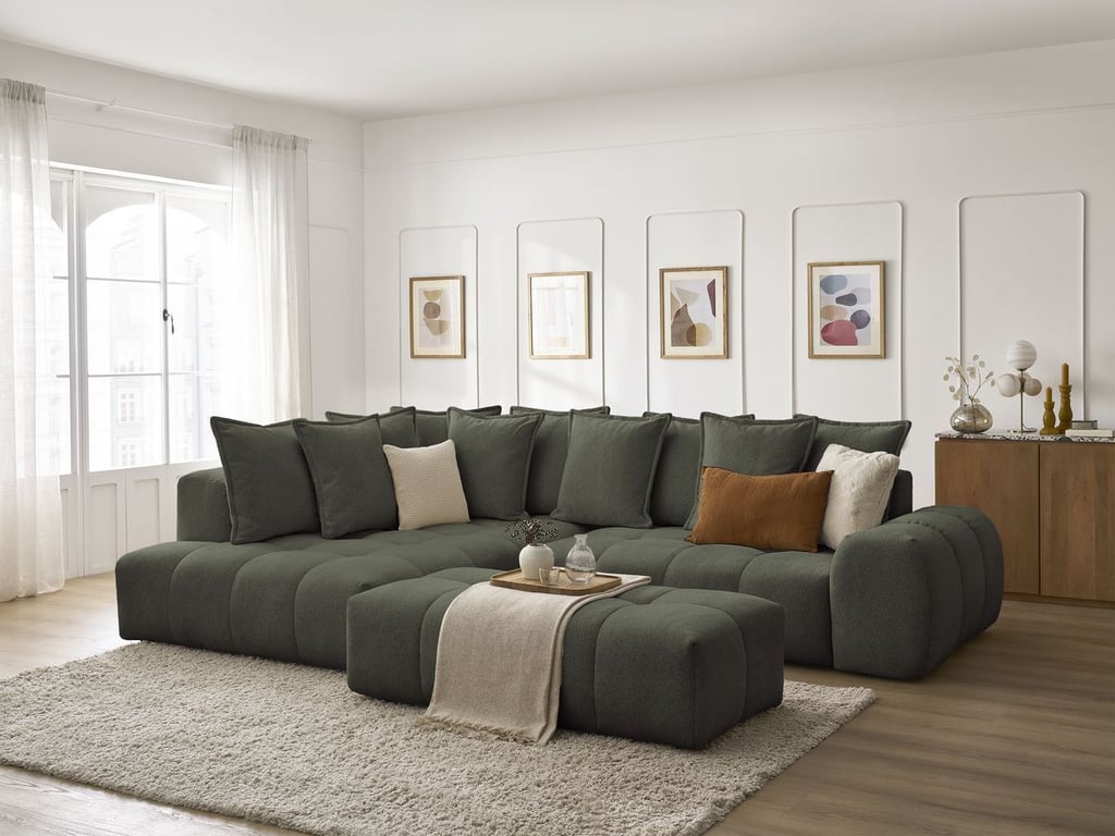 Produit similaire: Canapé d'angle L convertible coffre EVEREST tissu chiné avec pouf vert angle gauche BOBOCHIC 4 places