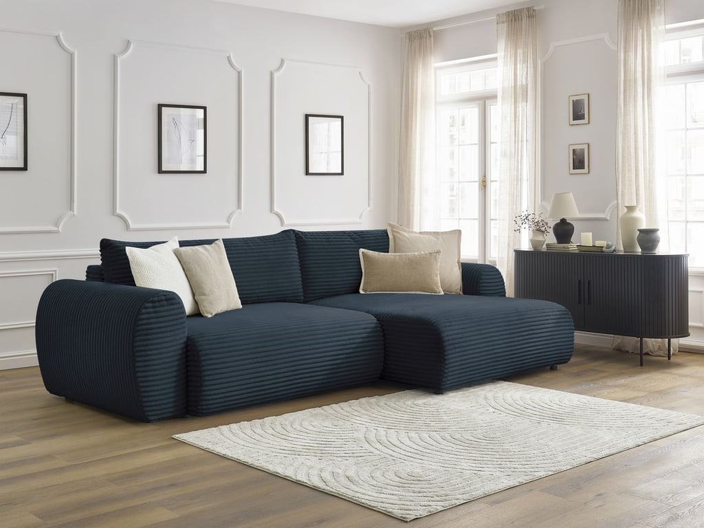 Produit similaire: Canapé d'angle convertible coffre LUCIEN gros côtelé doux bleu foncé angle droit BOBOCHIC 4 places