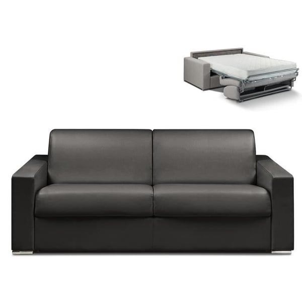 Canapé 4 places convertible express en simili CALITO - Noir - Couchage lattes larges 160 cm - Matelas 22 cm avec mémoire de forme