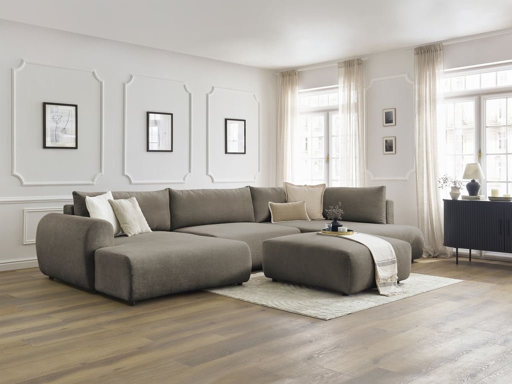 Produit similaire: Lucien canapé panoramique convertible coffre 6 places tissu lisse taupe angle gauche