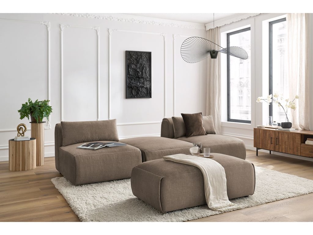 Produit similaire: Canapé droit fixe 3 places JEANNE avec pouf tissu velours taupe BOBOCHIC 4 places