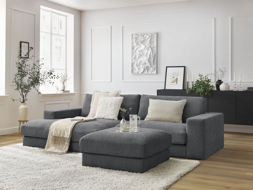 Produit similaire: Canapé d'angle fixe LEONARD tissu texturé avec pouf gris foncé angle gauche BOBOCHIC 5 places