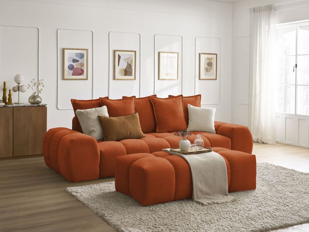 Produit similaire: Canapé droit convertible coffre EVEREST tissu texturé avec pouf orange BOBOCHIC 3 places
