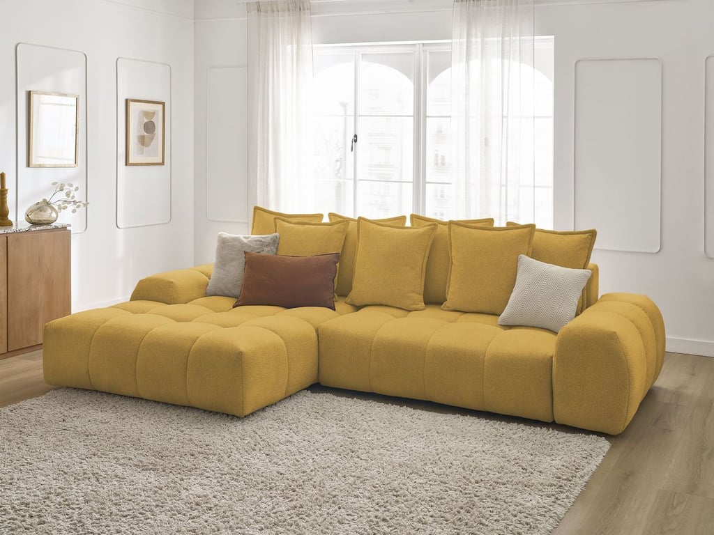 Produit similaire: Canapé d'angle convertible coffre EVEREST tissu chiné jaune angle gauche BOBOCHIC 3 places