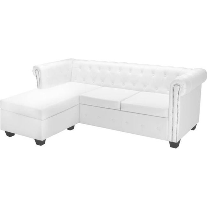 Canapé Chesterfield en L - CUQUE - Cuir synthétique Blanc - Accoudoirs - 3 personnes