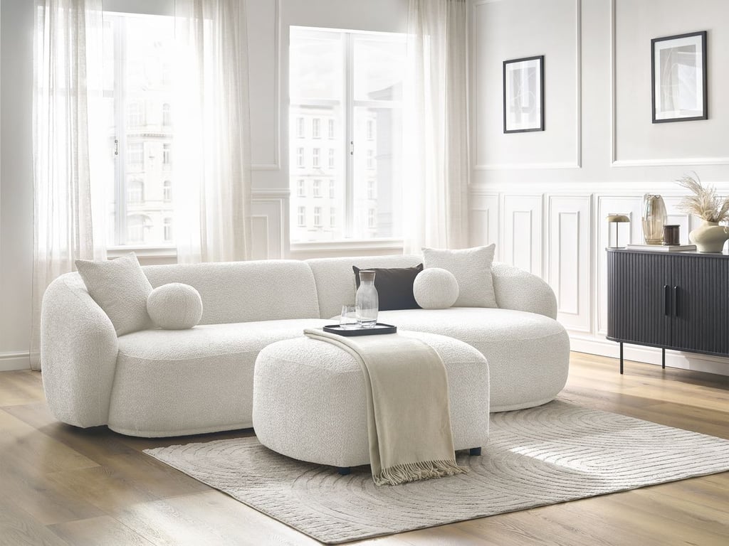 Produit similaire: Canapé d'angle fixe ASHLEY avec pouf blanc angle droit BOBOCHIC 4 places