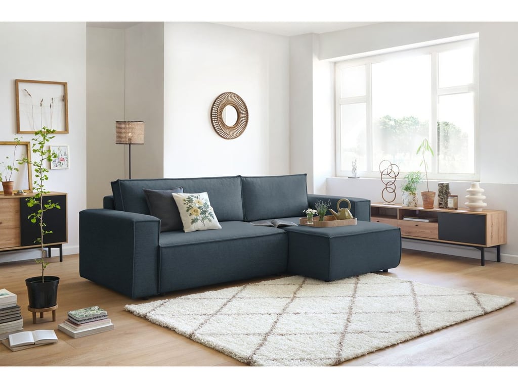 Produit similaire: Canapé d'angle réversible convertible coffre NIHAD tissu bleu foncé BOBOCHIC 5 places