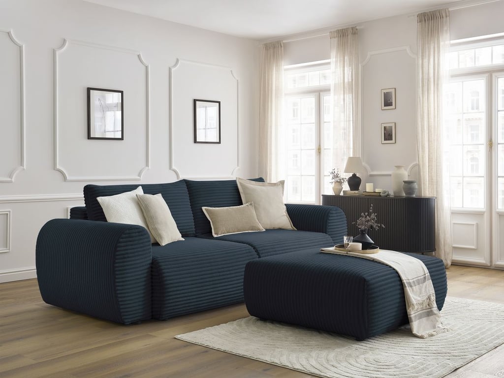 Produit similaire: Canapé droit convertible coffre LUCIEN gros côtelé doux avec pouf bleu foncé BOBOCHIC 4 places