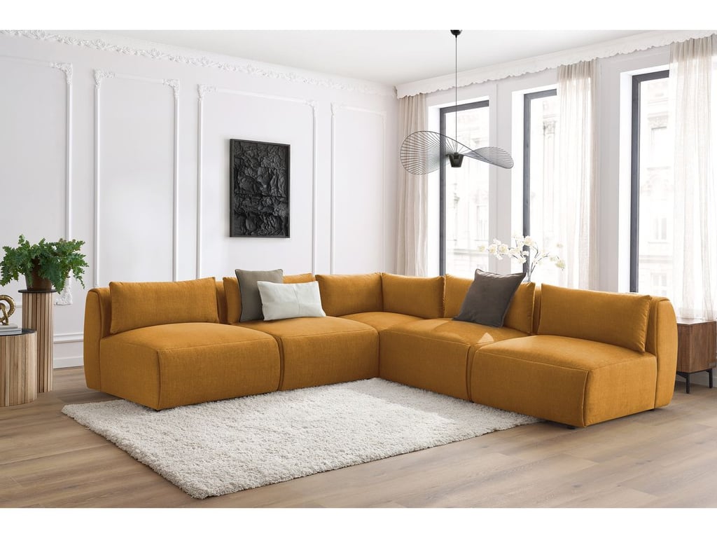 Produit similaire: Canapé d'angle fixe modulable JEANNE tissu velours avec 4 chauffeuses et 1 angle jaune réversible BOBOCHIC 5 places