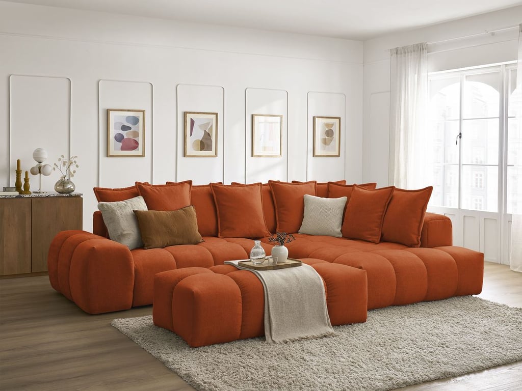 Produit similaire: Canapé d'angle L convertible coffre EVEREST tissu texturé avec pouf orange angle droit BOBOCHIC 4 places