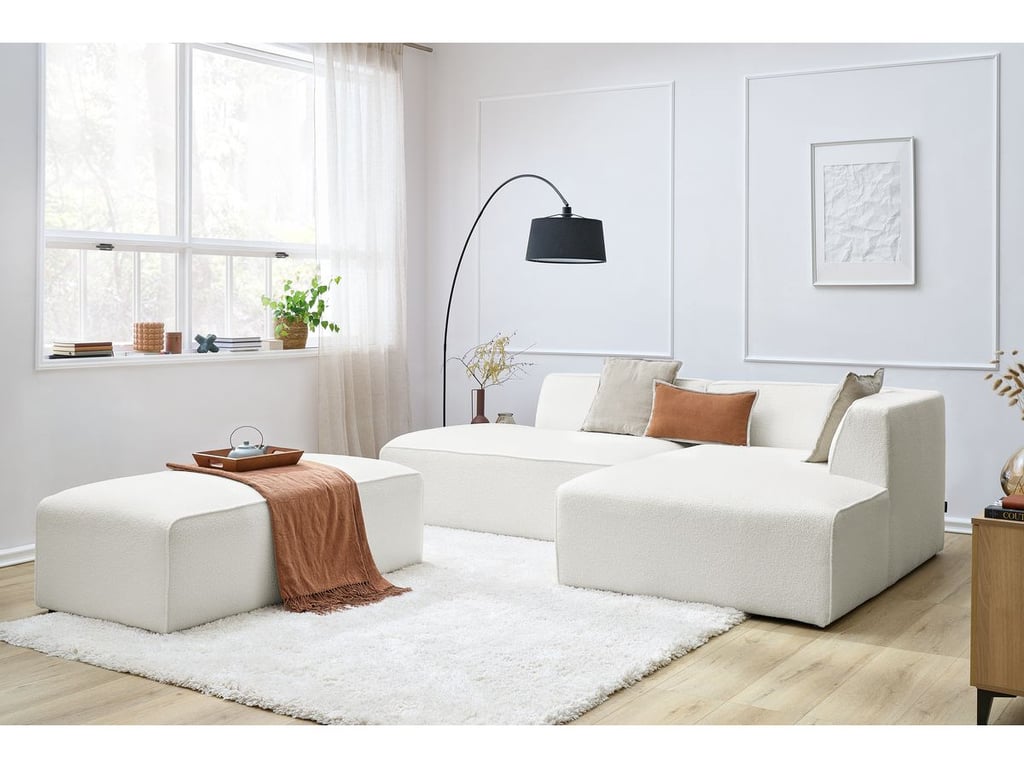 Produit similaire: Canapé d'angle fixe modulable MEGEVE tissu bouclette avec pouf blanc angle droit BOBOCHIC 5 places