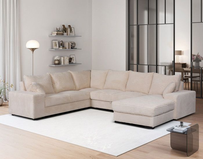 Produit similaire: Lorie - Canapé panoramique d'angle gauche 7 places convertible en velours côtelé grosse côte avec coffre - Beige