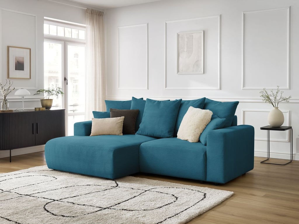 Produit similaire: Canapé d'angle convertible coffre ATILLA velours côtelé bleu clair angle gauche BOBOCHIC 3 places