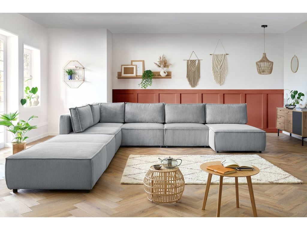 Produit similaire: Canapé panoramique fixe 100% modulable NIHAD tissu velours côtelé 3 chauffeuses, 1 angle, 1 méridienne et 2 gris clair panoramique BOBOCHIC 8 places