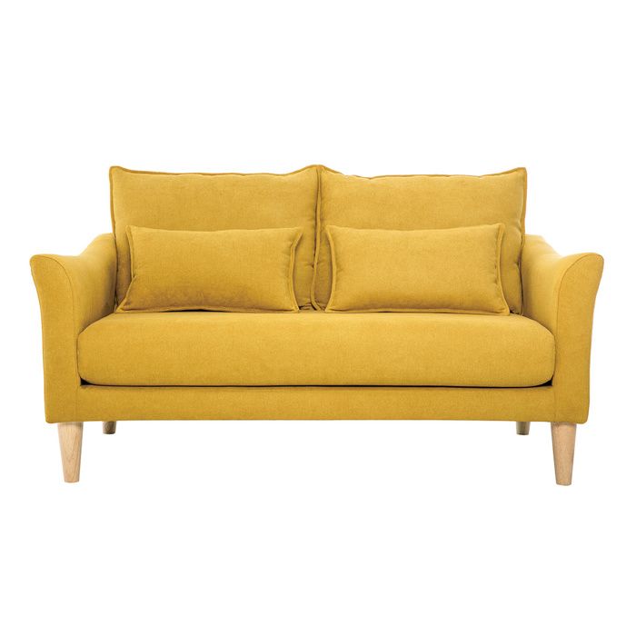 Produit similaire: Canapé scandinave 2 places en tissu effet velours jaune moutarde et bois clair KATE