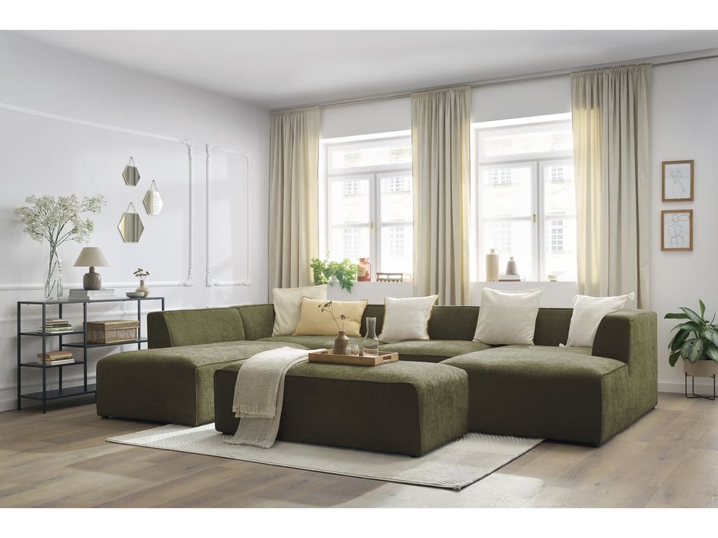 Produit similaire: Canapé panoramique fixe MEGEVE avec pouf tissu texturé vert angle droit BOBOCHIC 6 places