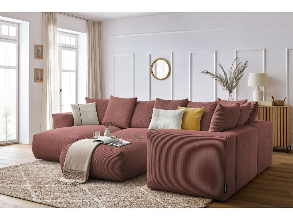 Produit similaire: Canapé panoramique fixe modulable VOLTAIRE avec 1 méridienne, 1 angle, 2 chauffeuses et 1 pouf rose angle gauche BOBOCHIC 6 places
