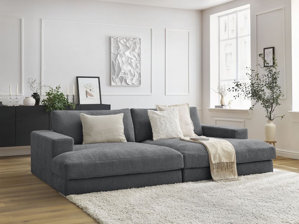 Produit similaire: Canapé droit fixe 4 places LEONARD assise profonde tissu texturé gris foncé BOBOCHIC