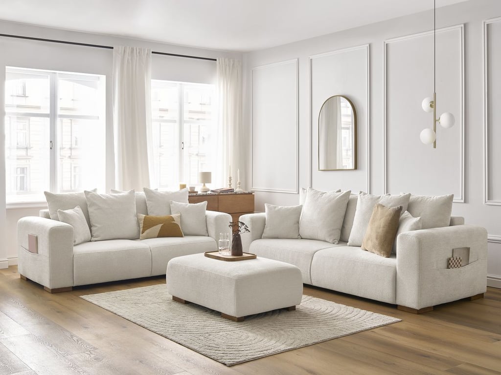 Produit similaire: Ensemble canapé droit fixe 3 + 2 places SIDONIE tissu chiné avec pouf beige BOBOCHIC
