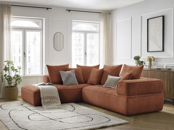 Whesley canapé d'angle L fixe 4 places velours côtelé orange angle gauche